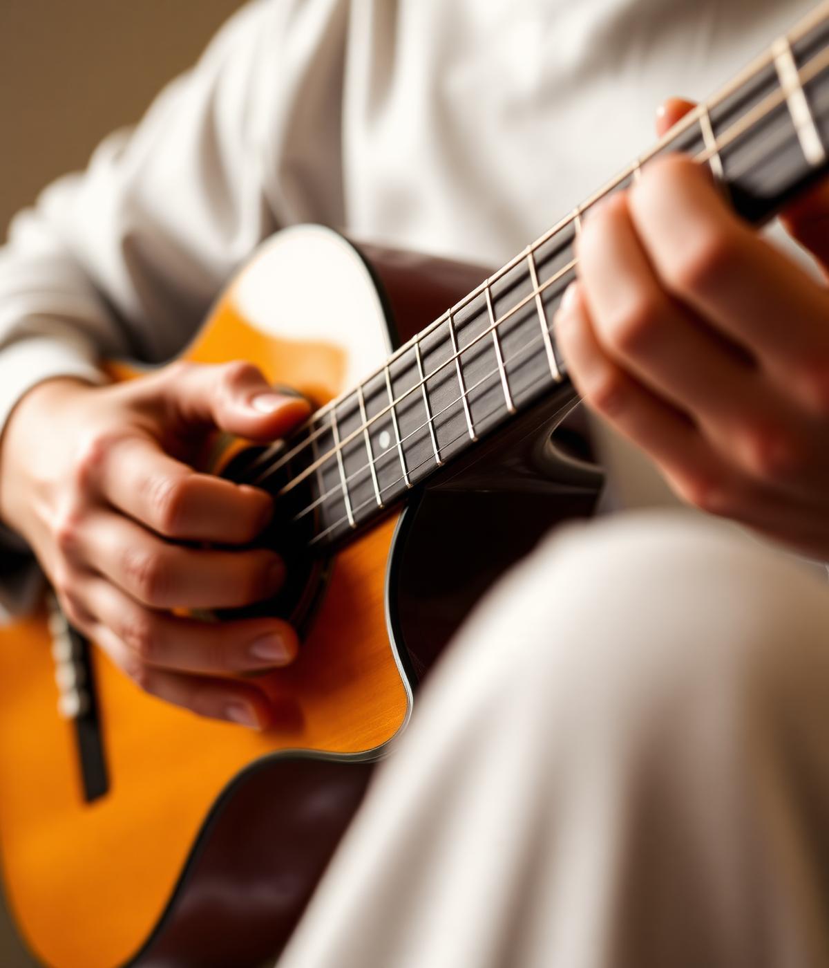 Detalhe de mãos tocando violão
