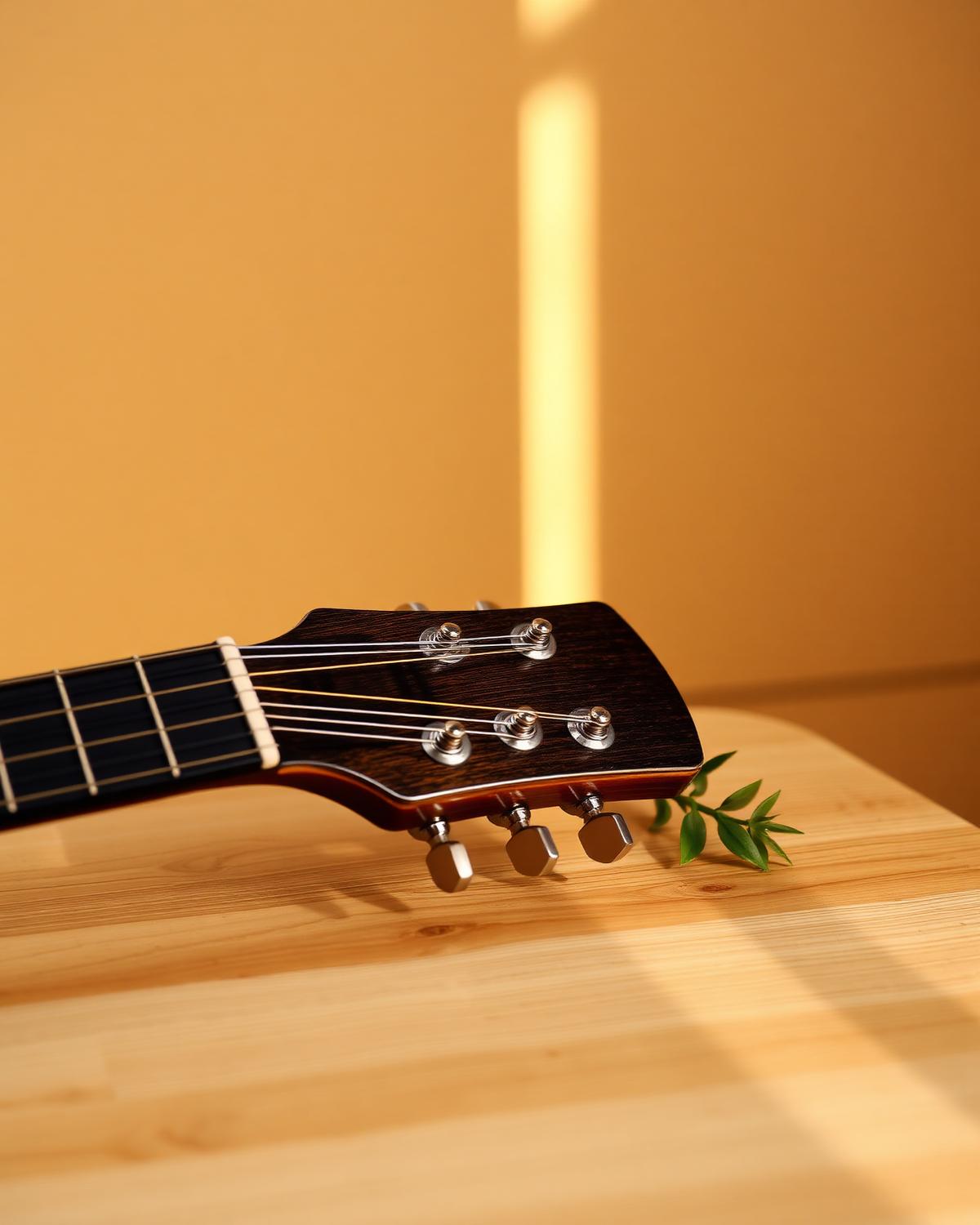 Detalhe do braço de um violão clássico sobre mesa de madeira